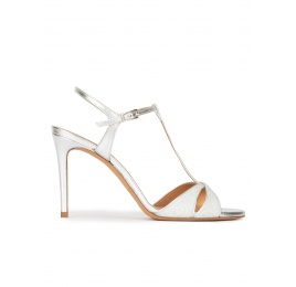 Silver heeled sandals in glitter and metallic leather Pura López