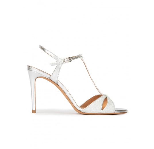 Silver heeled sandals in glitter and metallic leather Pura López