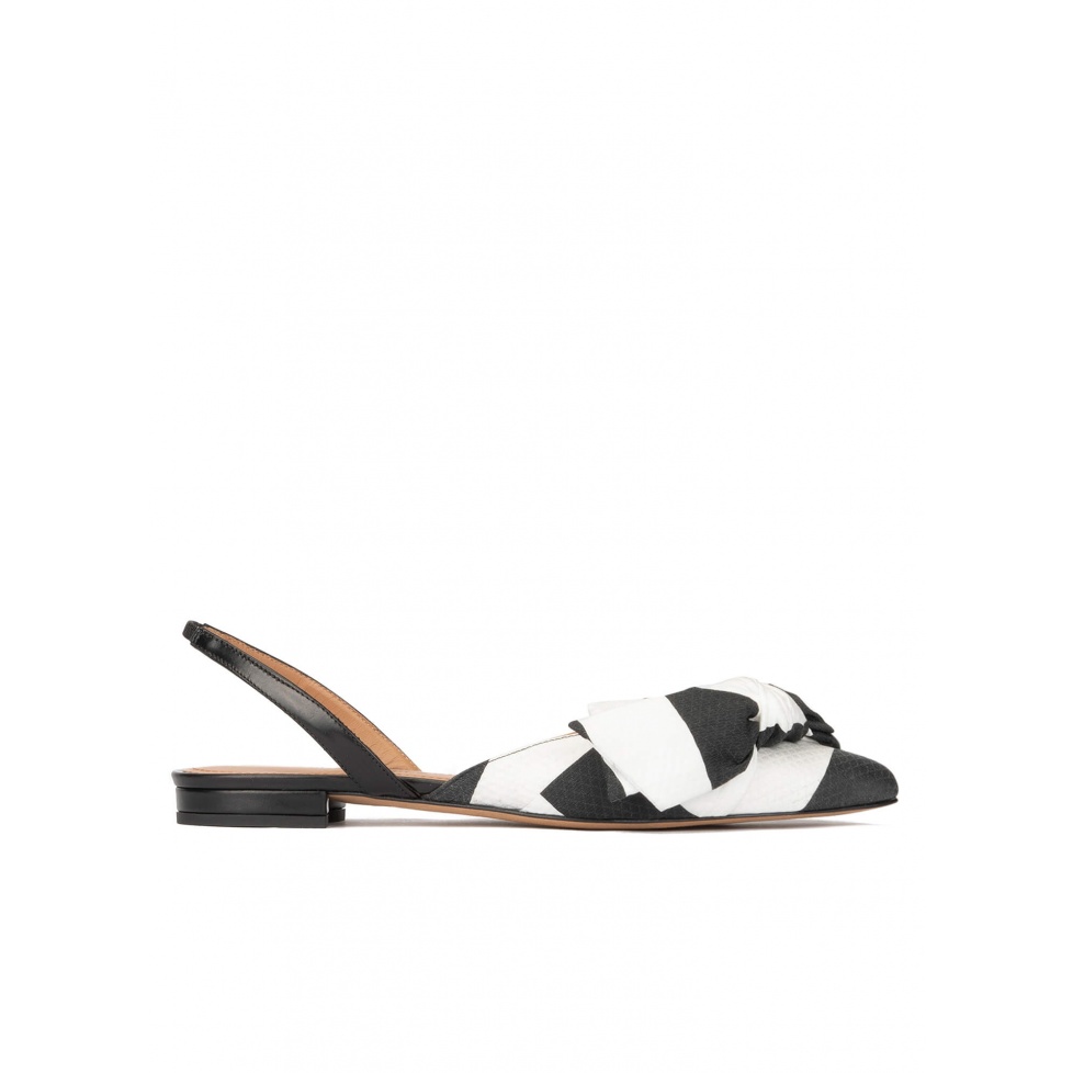 Bow detailed point-toe flats in black and white fabric