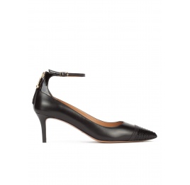 Ankle strap point-toe mid heel pumps in black leather Pura López
