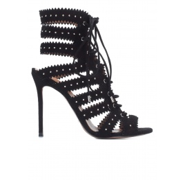 Lace-up heeled sandals in black suede Pura López
