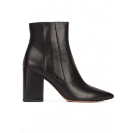 Black leather high chunky heel pointed toe ankle boots Pura López
