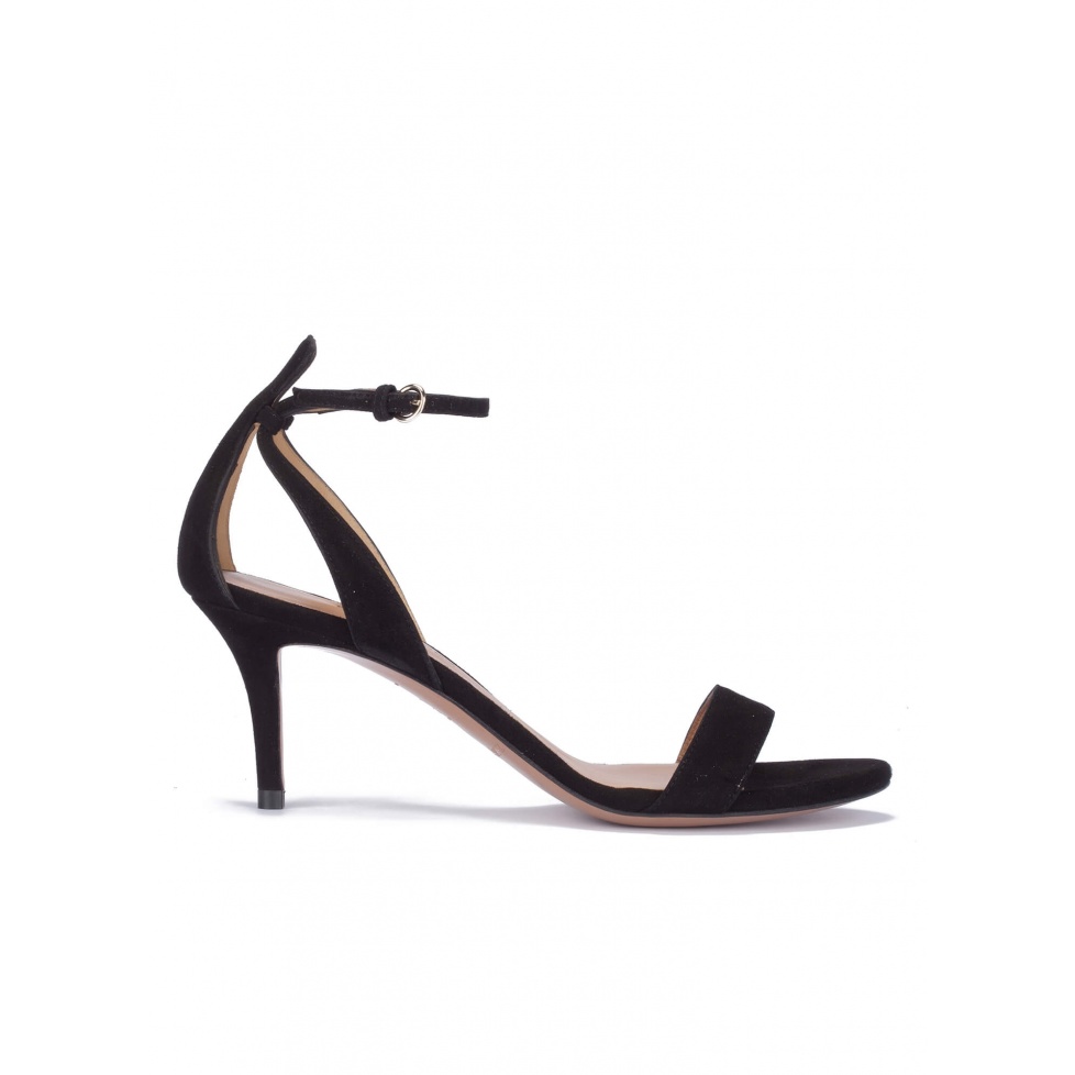 Black suede ankle strap mid heel sandals