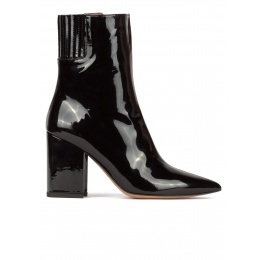 Black patent high block heel pointy toe boots Pura López