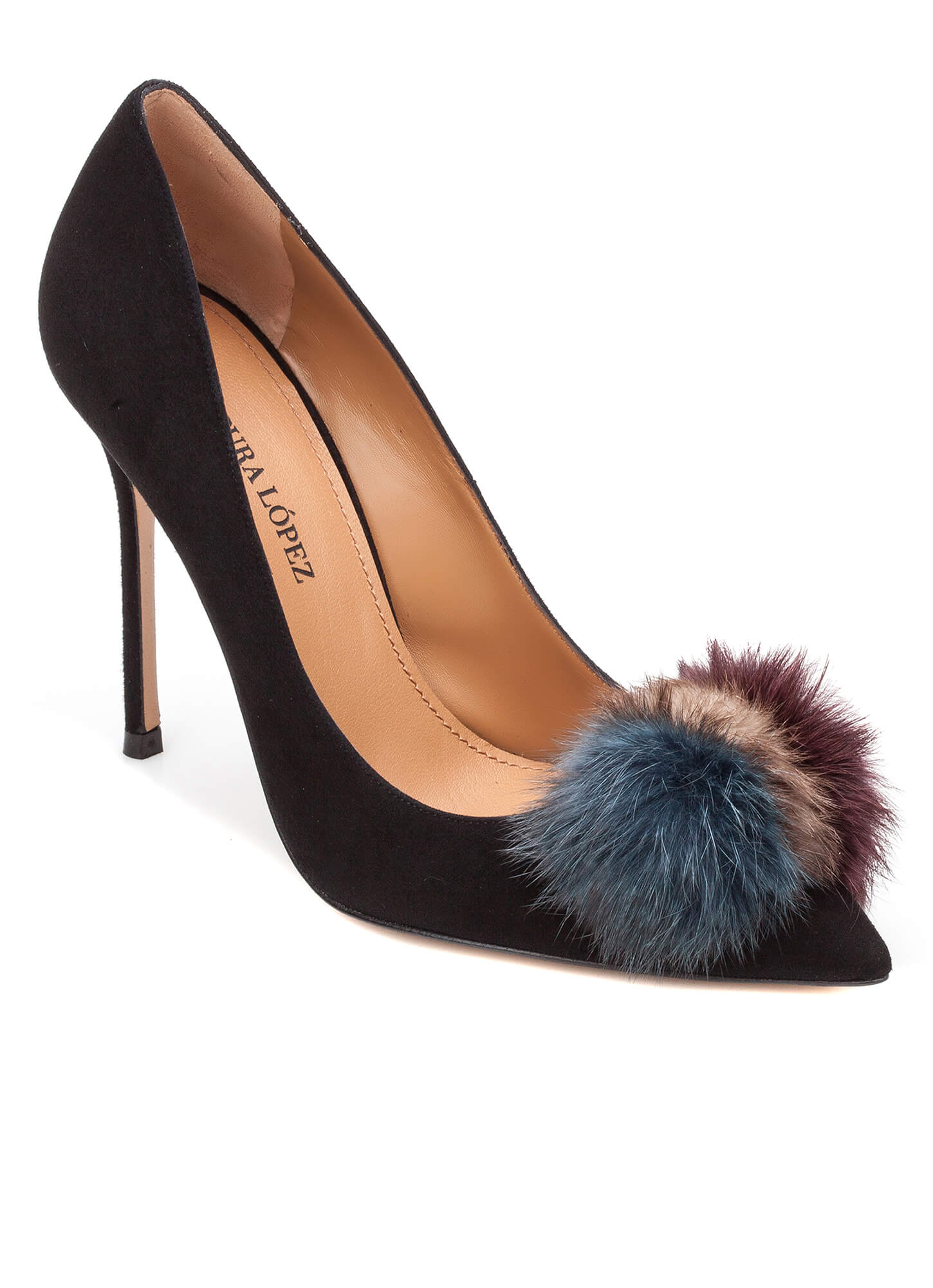 Black pompom-embellished heeled pump - online shoe store Pura Lopez ...