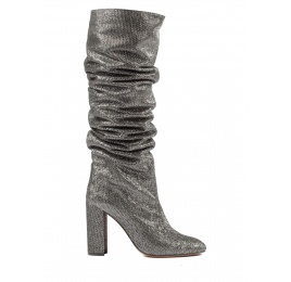 Slouch knee-high block heel boots in metallic fabric Pura López