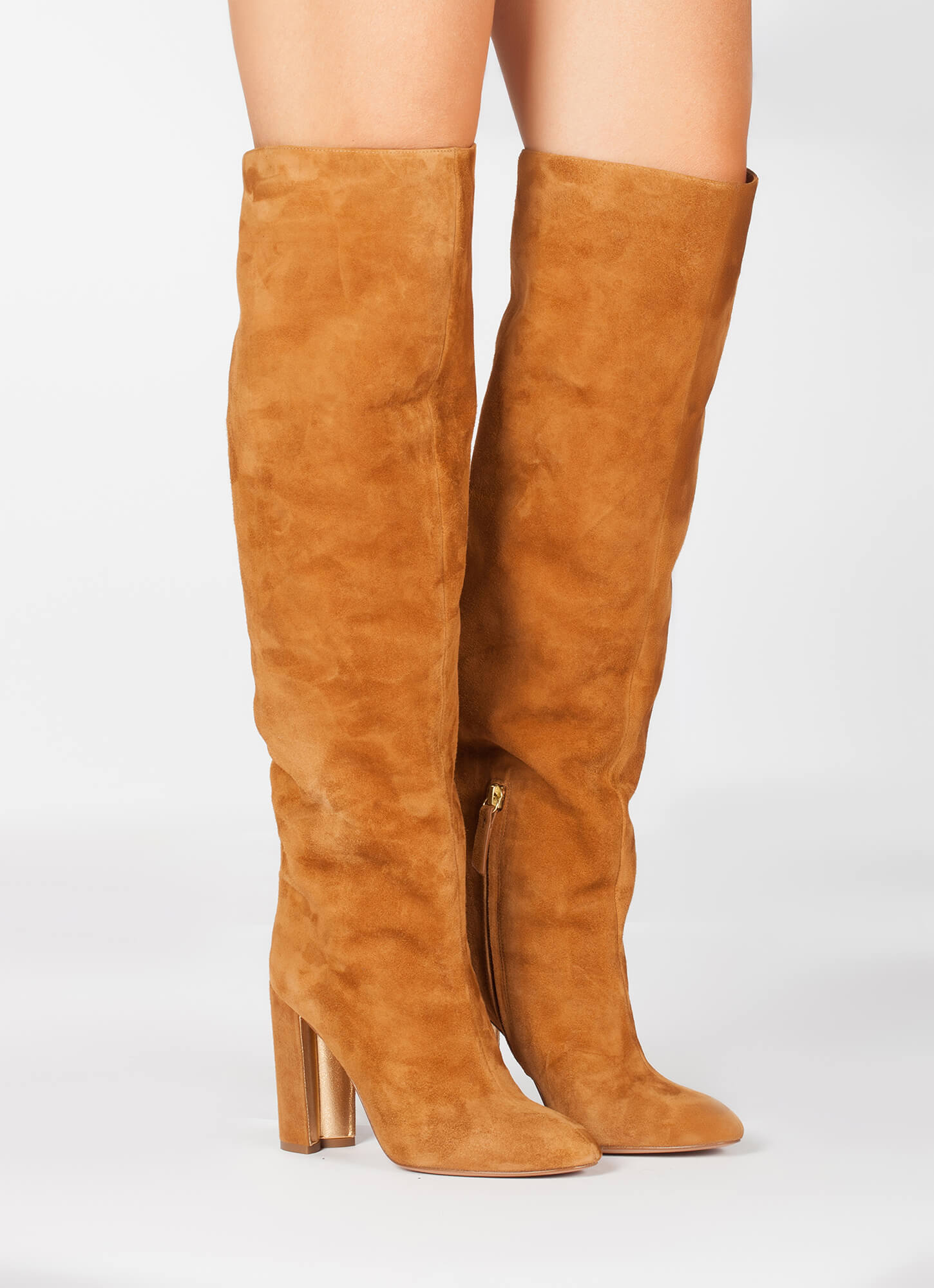 Camel suede wide high heel slouchy boots . PURA LOPEZ
