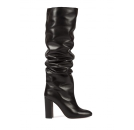 Black leather slouchy knee-high block heel boots Pura López
