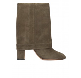 Botas de tacón alto en ante verde caqui con parte de arriba plegable Pura López