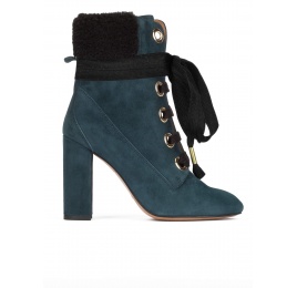 Petrol blue fleece ankle cuff lace-up high block heel ankle boots Pura López