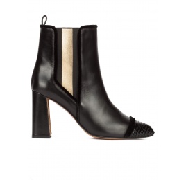 Black leather high block heel ankle boots with elasticated panel Pura López