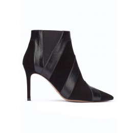Botines negros con punta fina y tacón stiletto en piel y ante Pura López