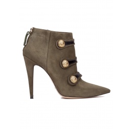Button detailed high heel ankle boots in military green suede Pura López