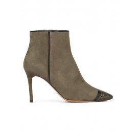 High heel point-toe ankle boots in khaki green suede Pura López