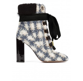 Checked fleece ankle cuff lace-up high block heel ankle boots Pura López