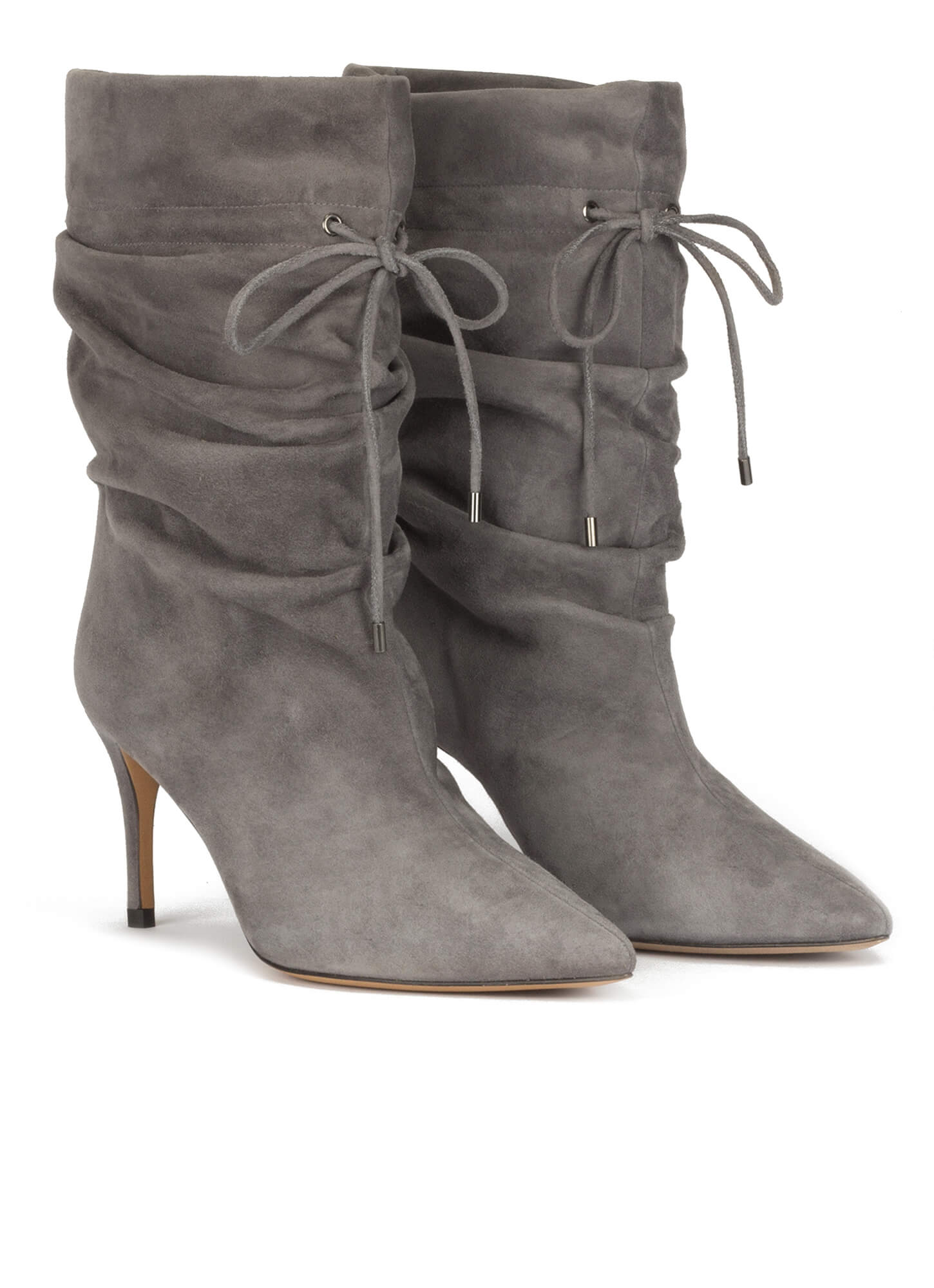 Slouchy midheel pointy toe ankle boots in grey suede . PURA LOPEZ