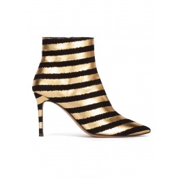 Striped heeled point-toe ankle boots in black and gold printed suede Pura López