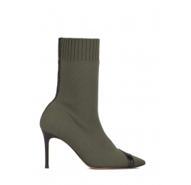 Khaki green ribbed-knit heeled point-toe ankle boots Pura López