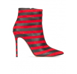 Striped high heel pointy toe ankle boots in red and black suede Pura López