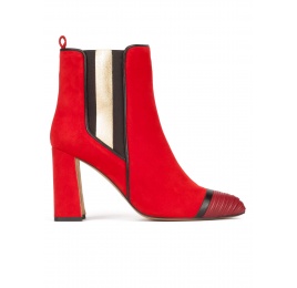 Red suede high block heel ankle boots with elasticated panel Pura López