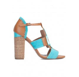 High block heel sandals in camel leather and turquoise suede Pura López