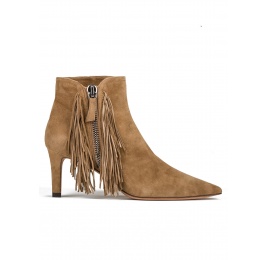 Fringed mid heel ankle boots in camel suede Pura López