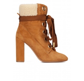 Camel suede lace-up high block heel ankle boots Pura López