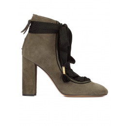Khaki green suede lace-up high block heel shoes Pura López