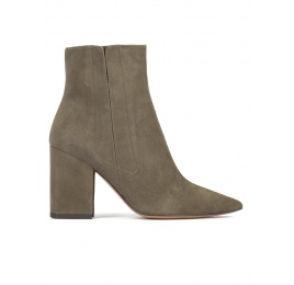 Khaki green suede high block heel pointy toe ankle boots Pura López