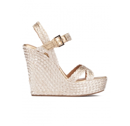 High wedge sandals in platin satin raffia Pura López