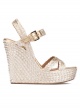 High wedge sandals in platin satin raffia