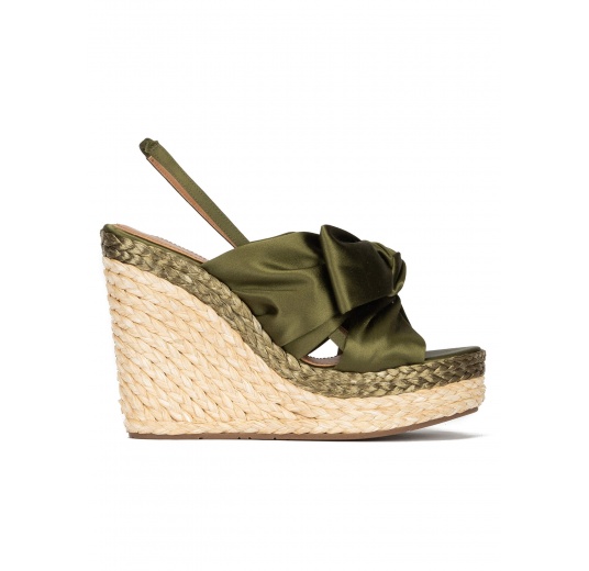 High wedge sandals in khaki green satin Pura López