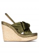 High wedge sandals in khaki green satin