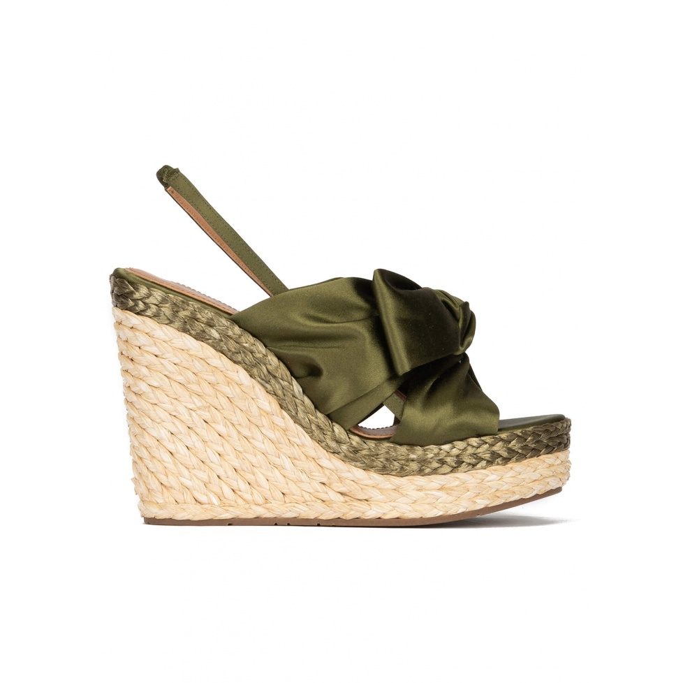 High wedge sandals in khaki green satin