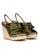 High wedge sandals in khaki green satin