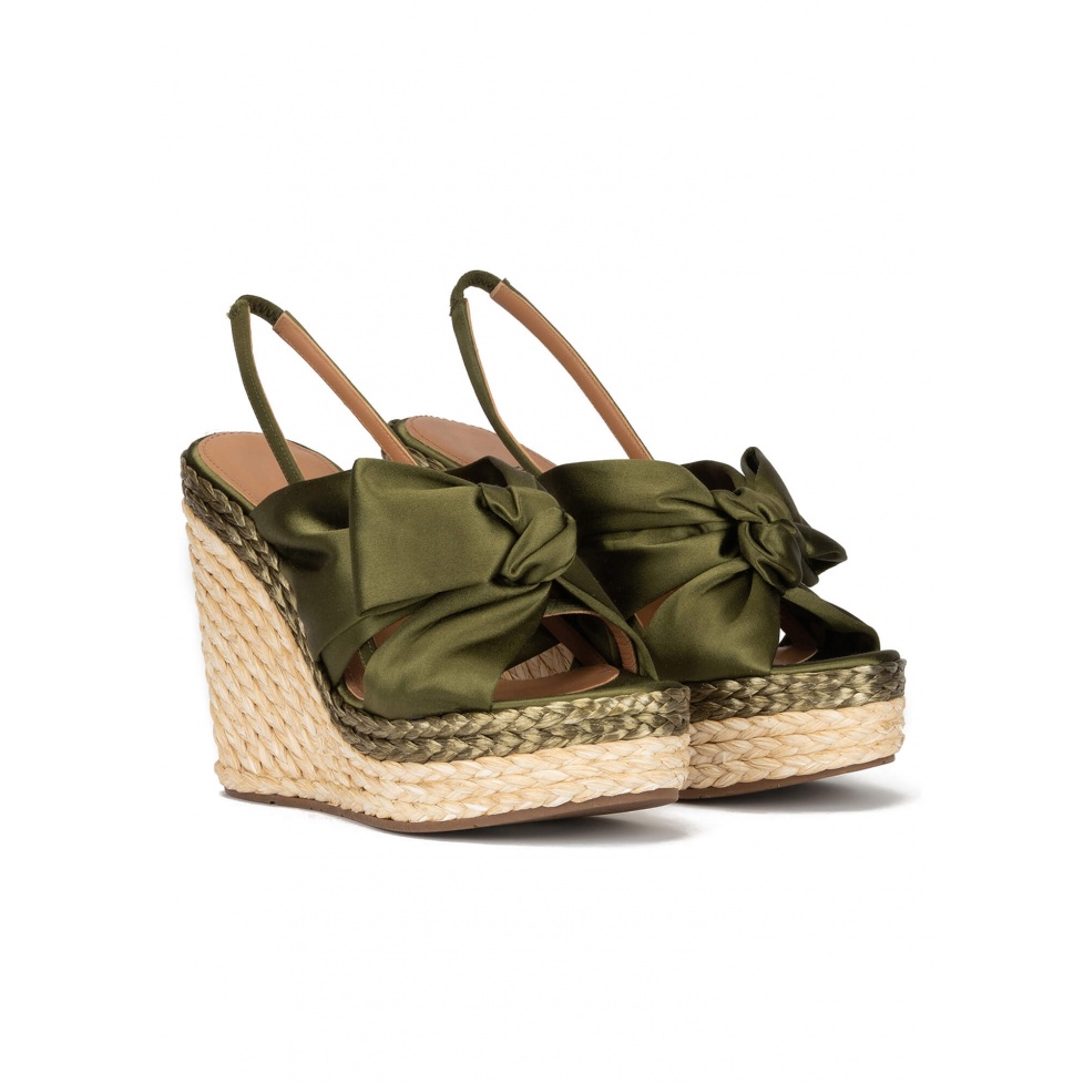 High wedge sandals in khaki green satin