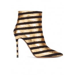 Striped high heel pointy toe ankle boots in red and black leather Pura López