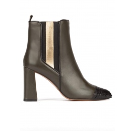 Khaki green leather high block heel ankle boots with elasticated panel Pura López