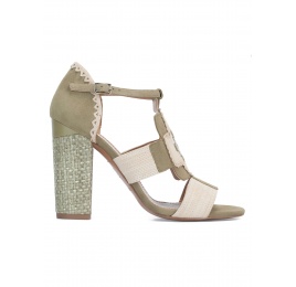 High block heel sandals in kaki and sand suede Pura López