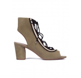 Kaki lace-up mid block heel sandals Pura López