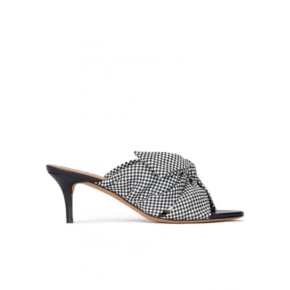 Bow detailed mid heel mules in white and blue checked fabric