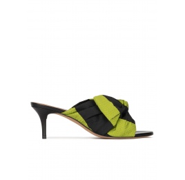 Bow detailed mid heel mules in green and black fabric Pura López