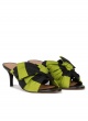Bow detailed mid heel mules in green and black fabric