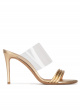 High heel mules in gold leather and transparent vinyl