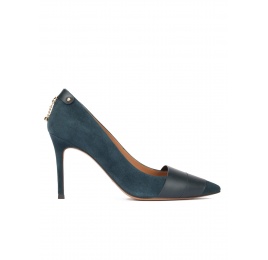 Pointy toe heeled pumps in petrol blue suede and leather Pura López