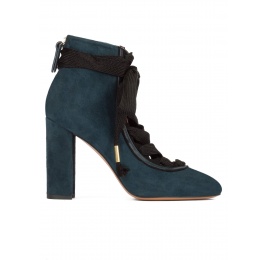 Petrol blue suede lace-up high block heel shoes Pura López