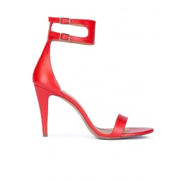 Ankle strap high heel sandals in red leather Pura López