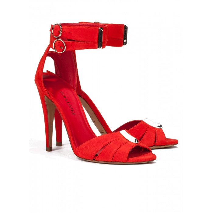 Sandalia de tacón alto en ante rojo-tienda de zapatos Pura López