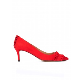 Ruffled pointy toe mid heel pumps in red suede Pura López