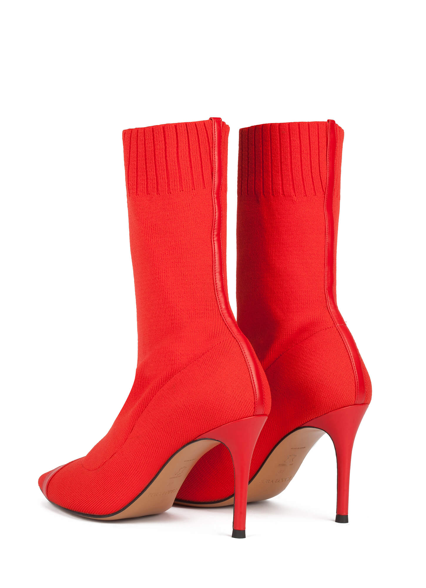 Red sock high heel pointed toe ankle boots . PURA LOPEZ